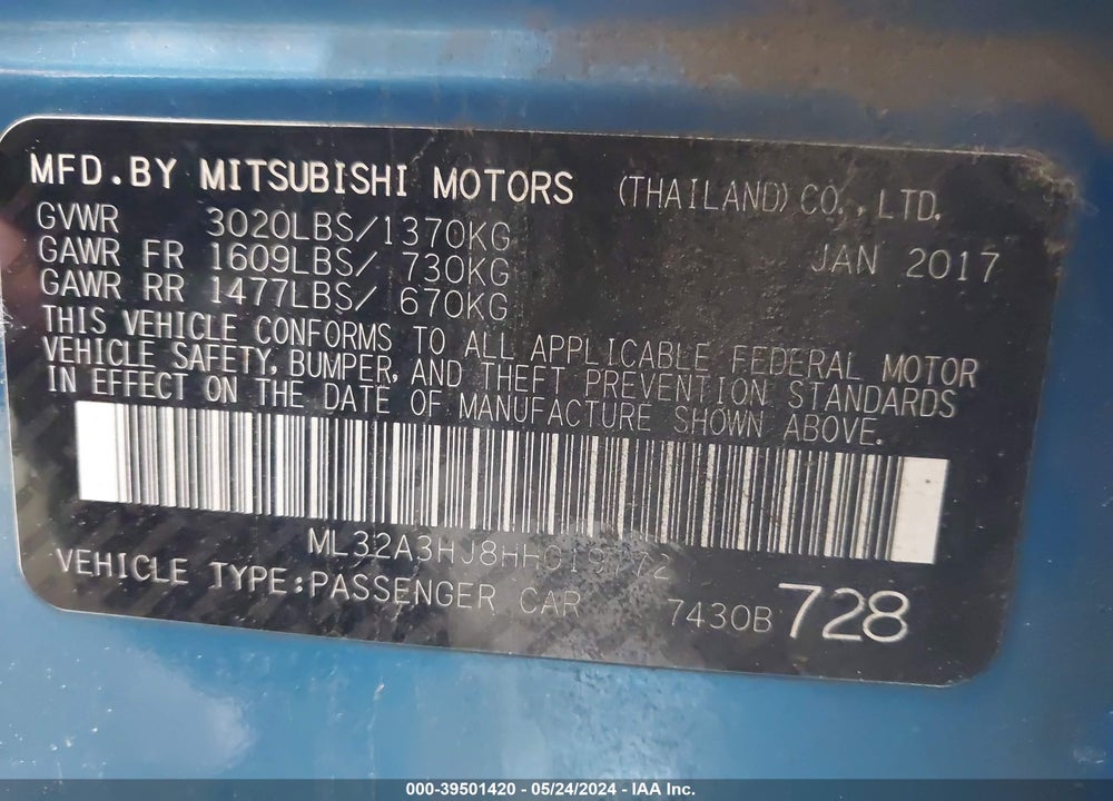2017 MITSUBISHI MIRAGE ES VIN: ML32A3HJ8HH019772