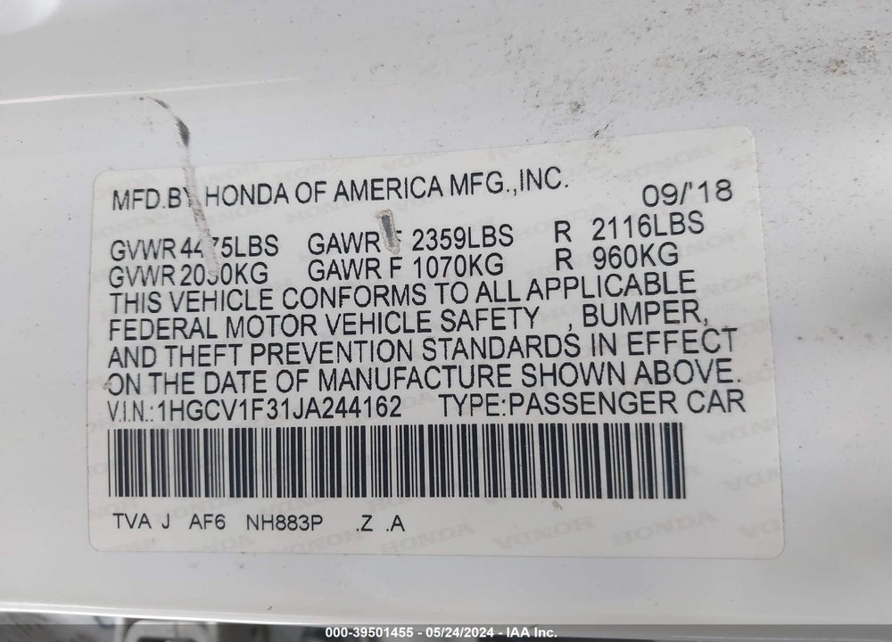 2018 HONDA ACCORD SPORT VIN: 1HGCV1F31JA244162