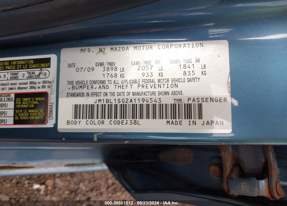 2010 MAZDA 3 I SPORT VIN: JM1BL1SG2A1194543