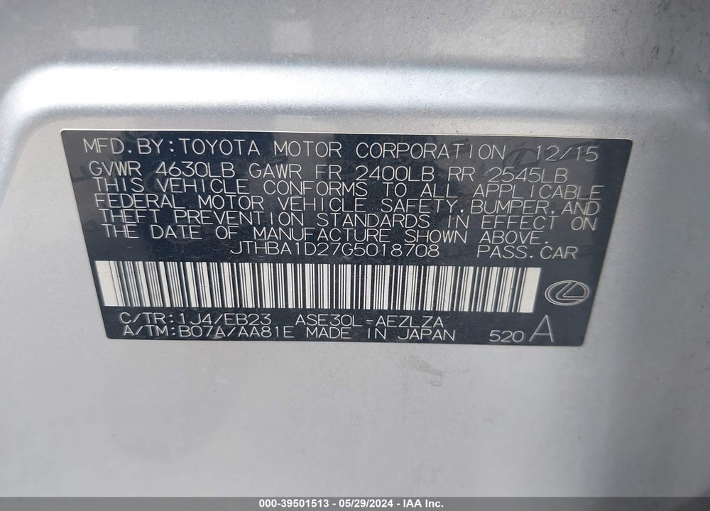 2016 LEXUS IS 200T VIN: JTHBA1D27G5018708