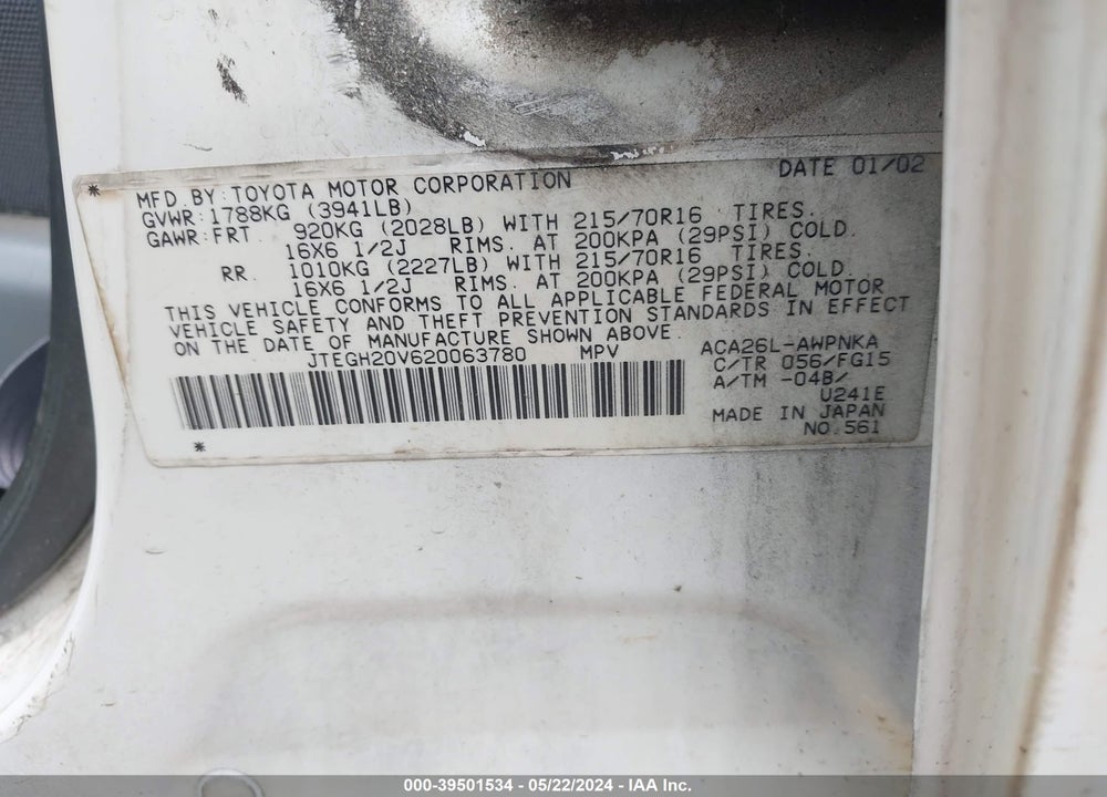 2002 TOYOTA RAV4 VIN: JTEGH20V620063780