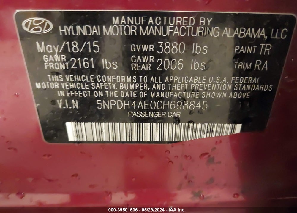 2016 HYUNDAI ELANTRA SE VIN: 5NPDH4AE0GH698845