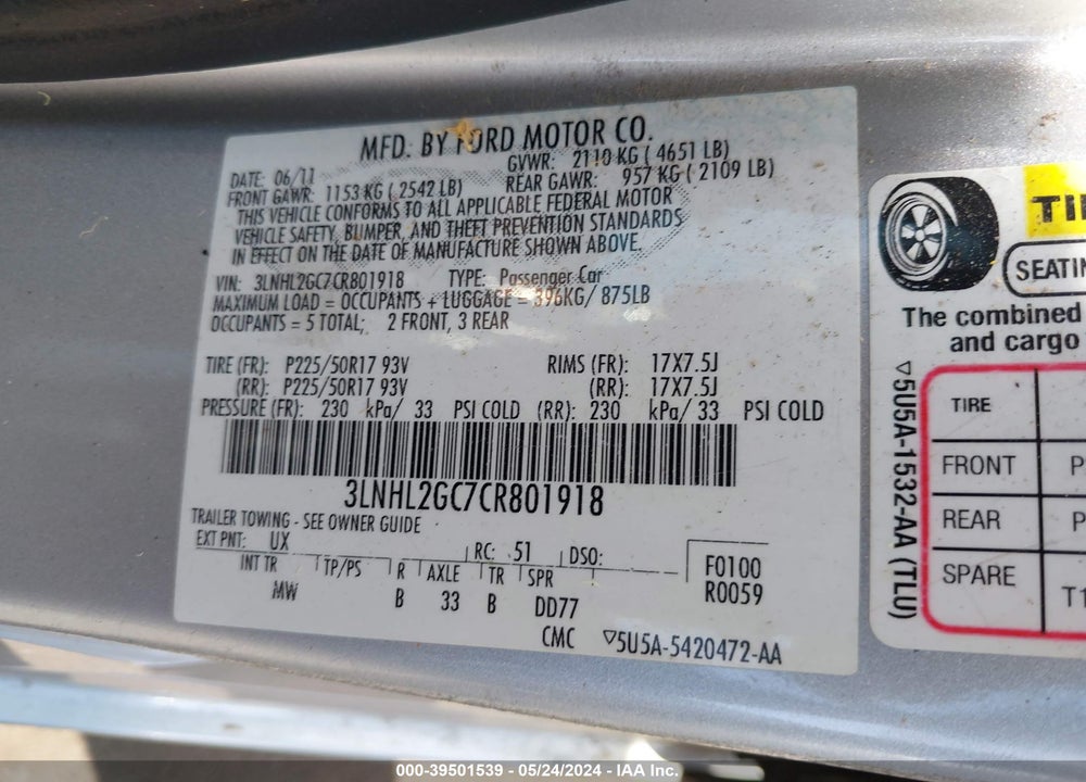 2012 LINCOLN MKZ VIN: 3LNHL2GC7CR801918