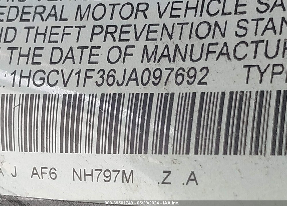 2018 HONDA ACCORD SPORT VIN: 1HGCV1F36JA097692
