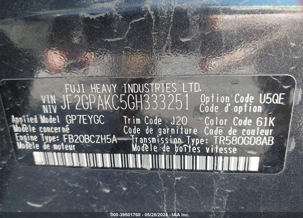 2016 SUBARU CROSSTREK 2.0I LIMITED VIN: JF2GPAKC5GH333251