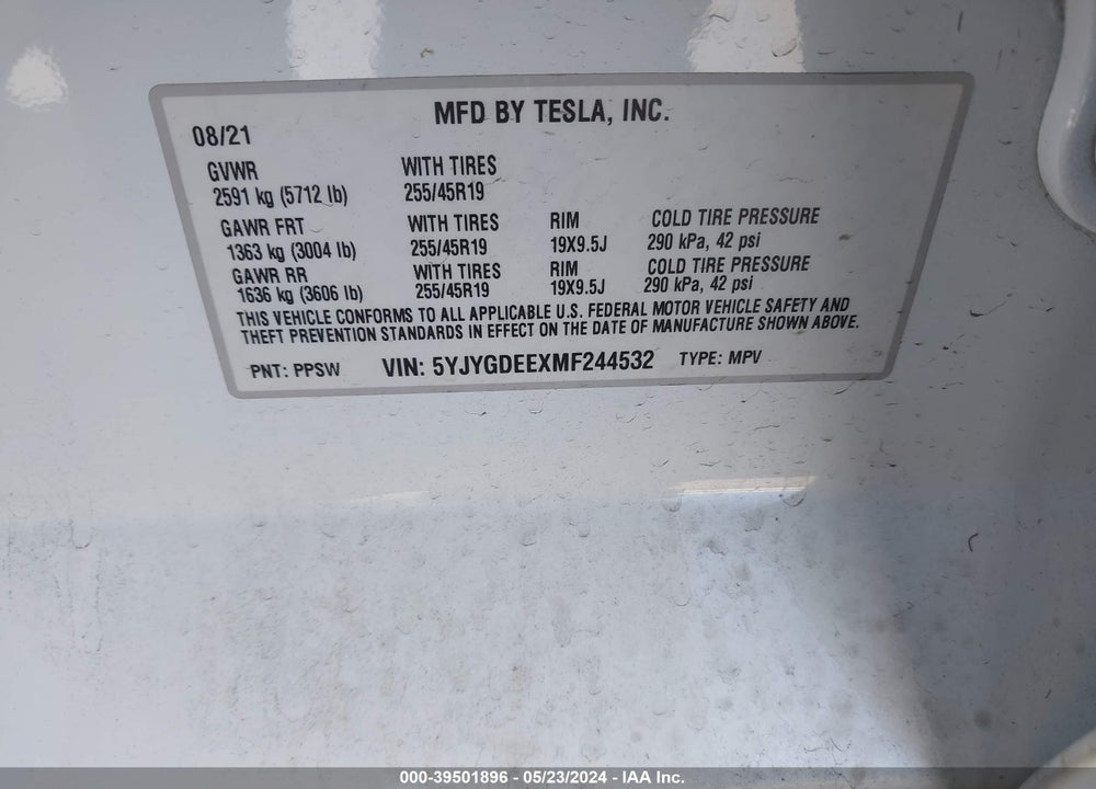 2021 TESLA MODEL Y LONG RANGE DUAL MOTOR ALL-WHEEL DRIVE VIN: 5YJYGDEEXMF244532