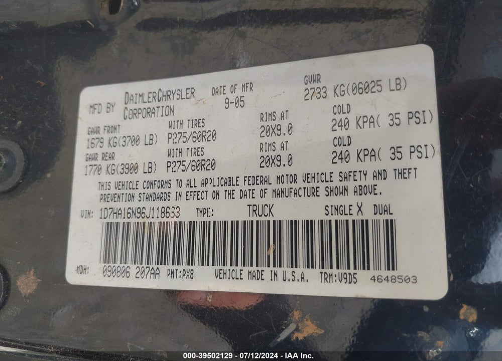 2006 DODGE RAM 1500 SLT VIN: 1D7HA16N96J118663