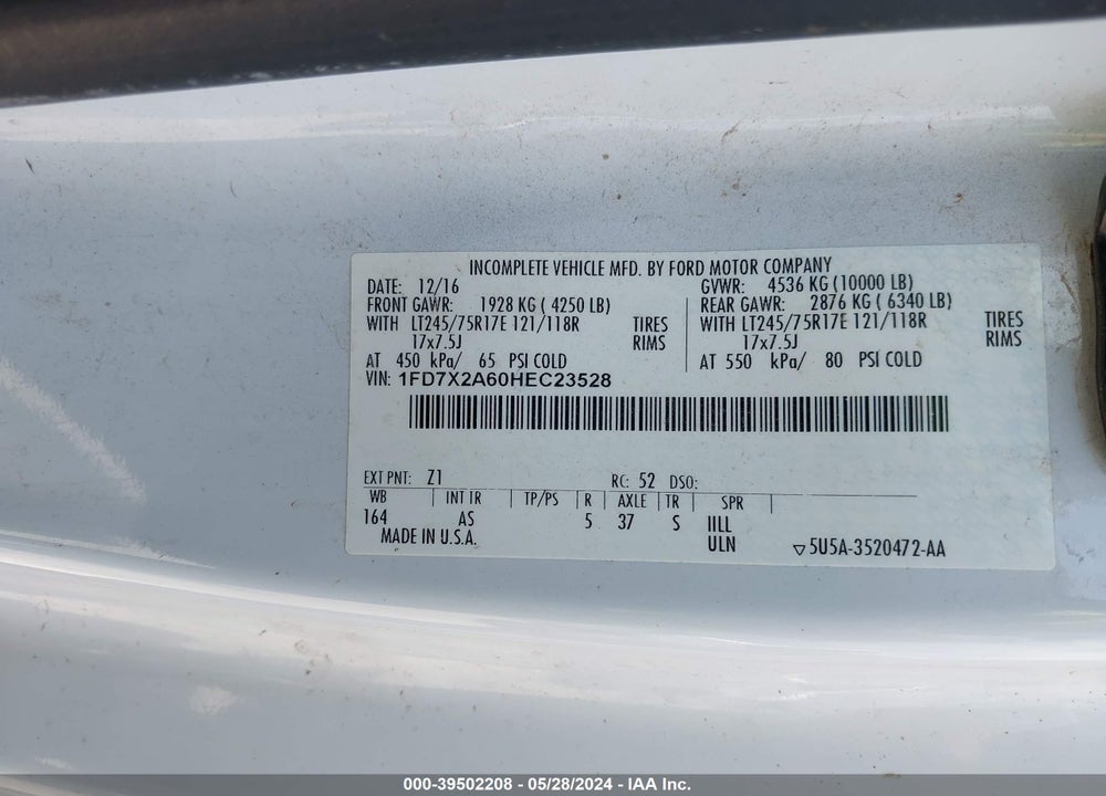2017 FORD F-250 XL VIN: 1FD7X2A60HEC23528