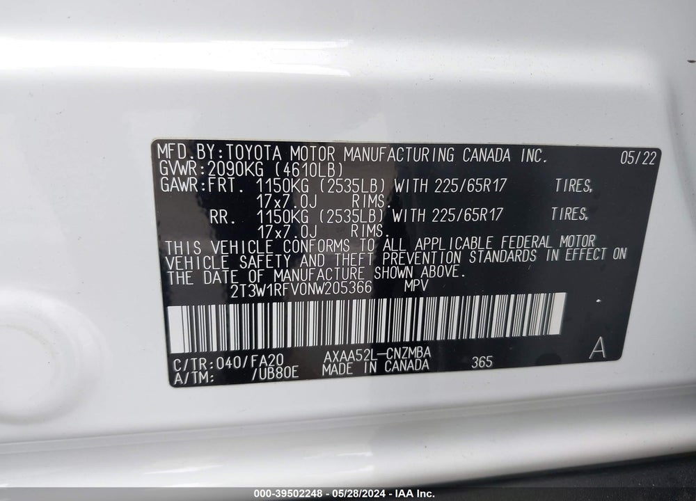 2022 TOYOTA RAV4 XLE VIN: 2T3W1RFV0NW205366