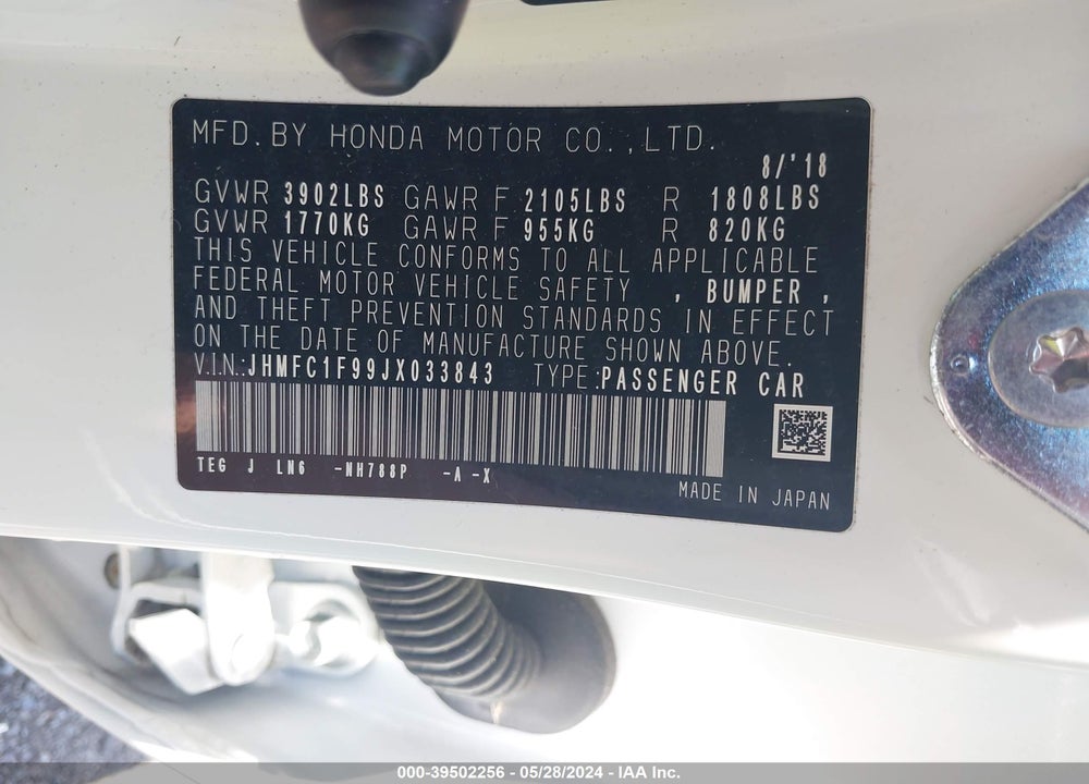 2018 HONDA CIVIC TOURING VIN: JHMFC1F99JX033843