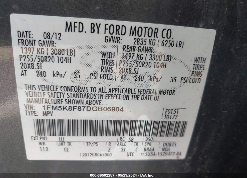 2013 FORD EXPLORER LIMITED VIN: 1FM5K8F87DGB06904