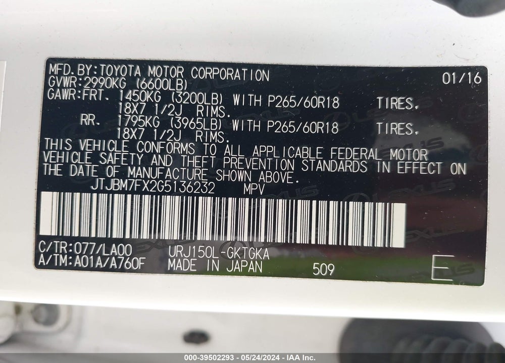2016 LEXUS 460 VIN: JTJBM7FX2G5136232