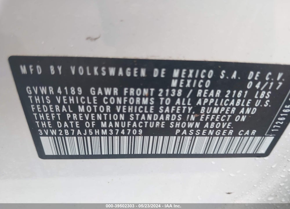 2017 VOLKSWAGEN JETTA 1.4T S VIN: 3VW2B7AJ5HM374709