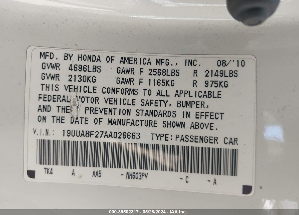 2010 ACURA TL 3.5 VIN: 19UUA8F27AA026663