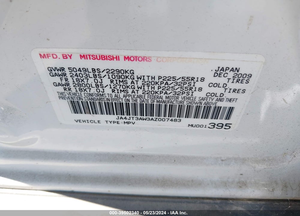 2010 MITSUBISHI OUTLANDER SE VIN: JA4JT3AW3AZ007483