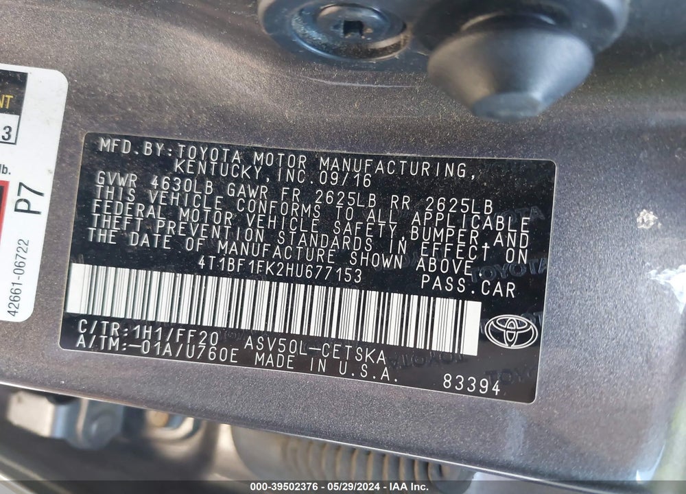 2017 TOYOTA CAMRY SE VIN: 4T1BF1FK2HU677153