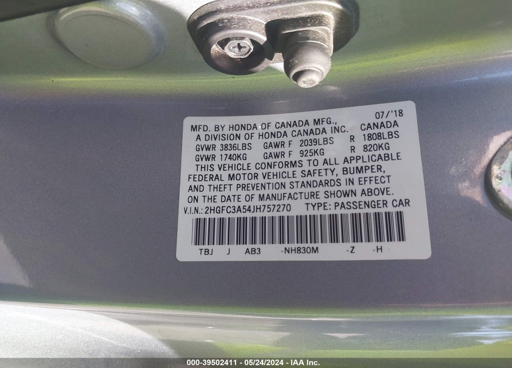 2018 HONDA CIVIC VIN: 2HGFC3A54JH757270