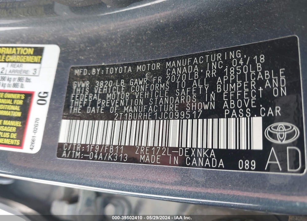 2018 TOYOTA COROLLA LE VIN: 2T1BURHE1JC099517