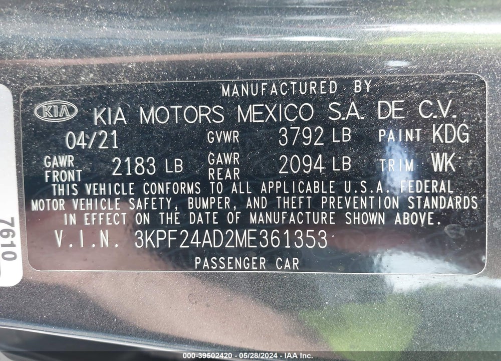 2021 KIA FORTE LXS VIN: 3KPF24AD2ME361353