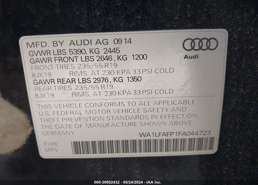2015 AUDI Q5 2.0T PREMIUM VIN: WA1LFAFP1FA044723