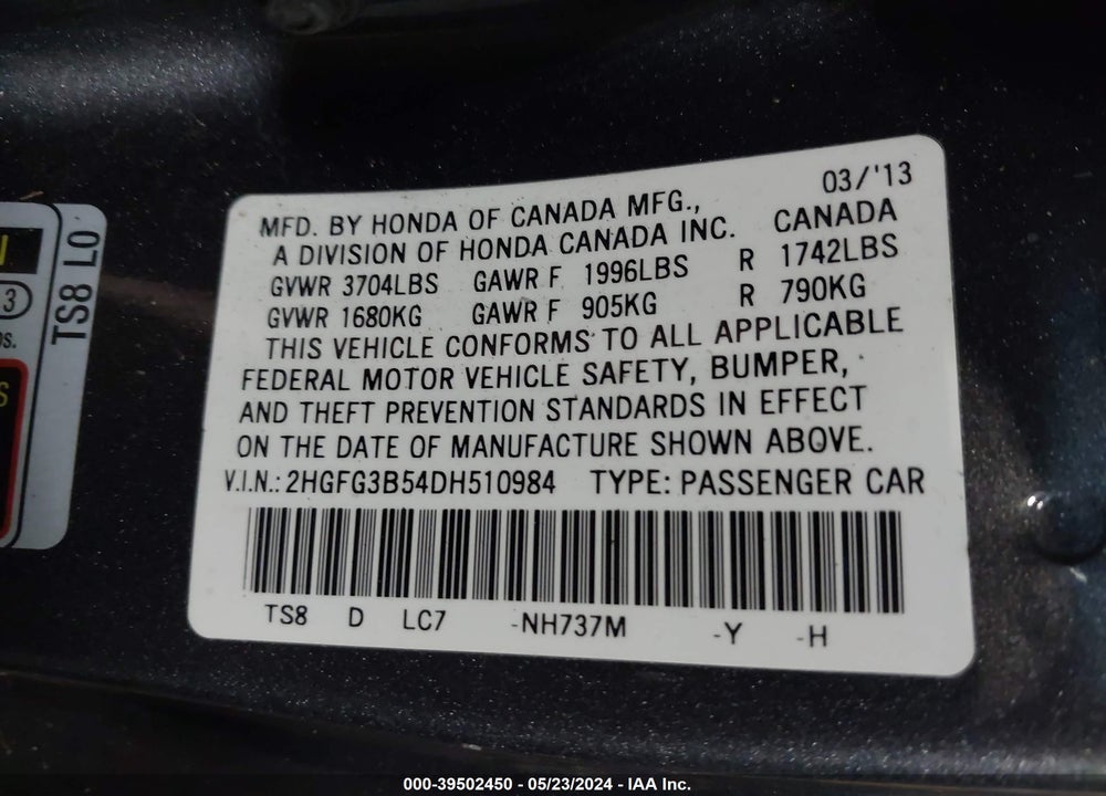 2013 HONDA CIVIC LX VIN: 2HGFG3B54DH510984