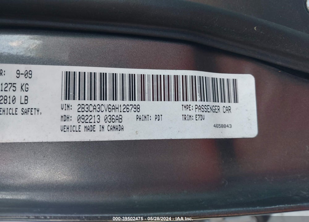 2010 DODGE CHARGER SXT VIN: 2B3CA3CV6AH126798