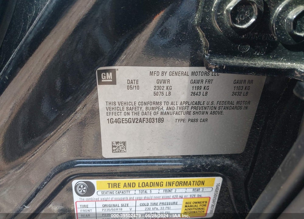 2010 BUICK LACROSSE CXS VIN: 1G4GE5GV2AF303189
