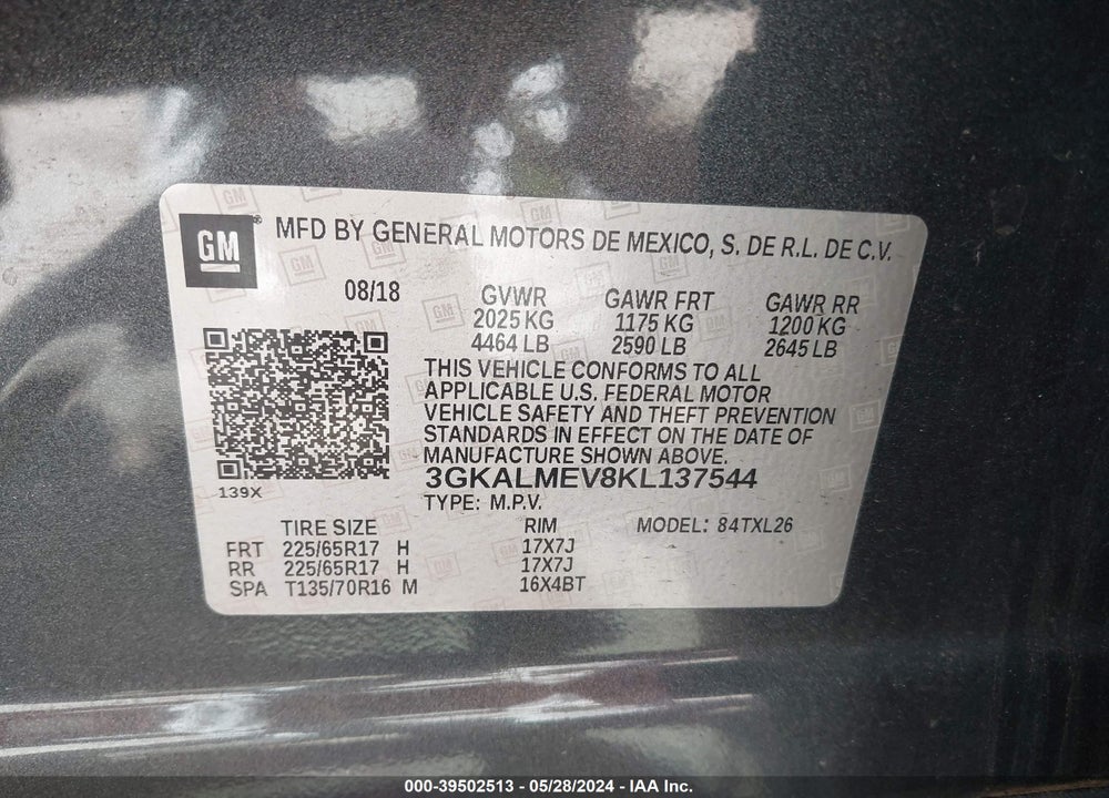 2019 GMC TERRAIN SLE VIN: 3GKALMEV8KL137544