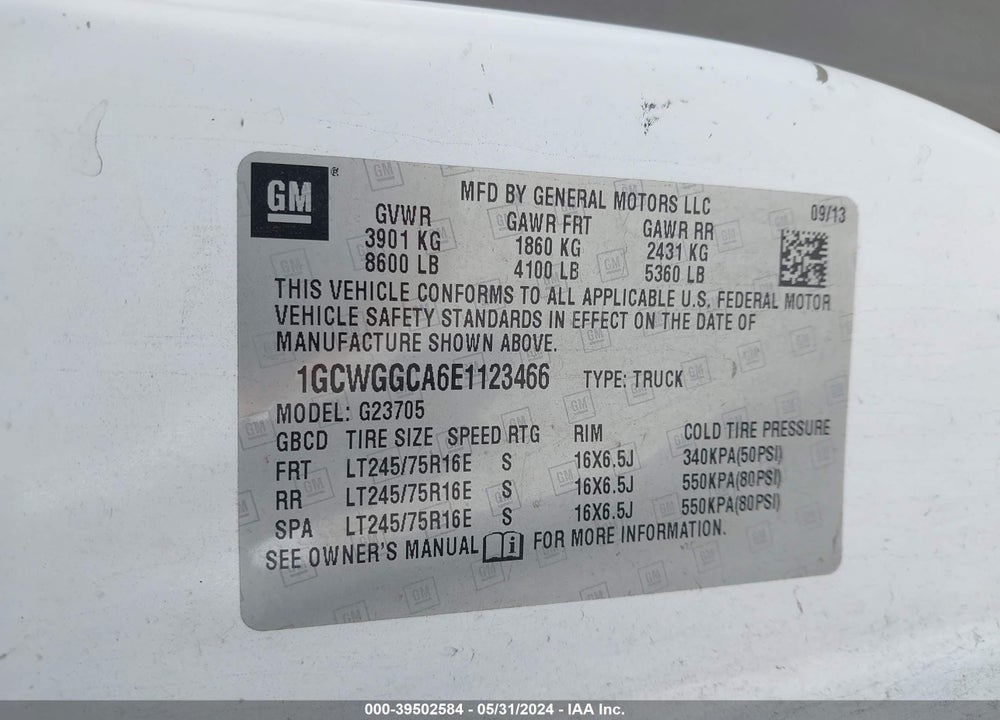 2014 CHEVROLET EXPRESS 2500 WORK VAN VIN: 1GCWGGCA6E1123466