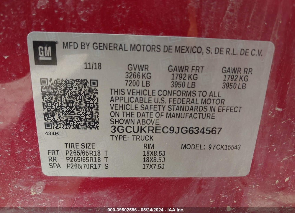 2018 CHEVROLET SILVERADO 1500 2LT VIN: 3GCUKREC9JG634567