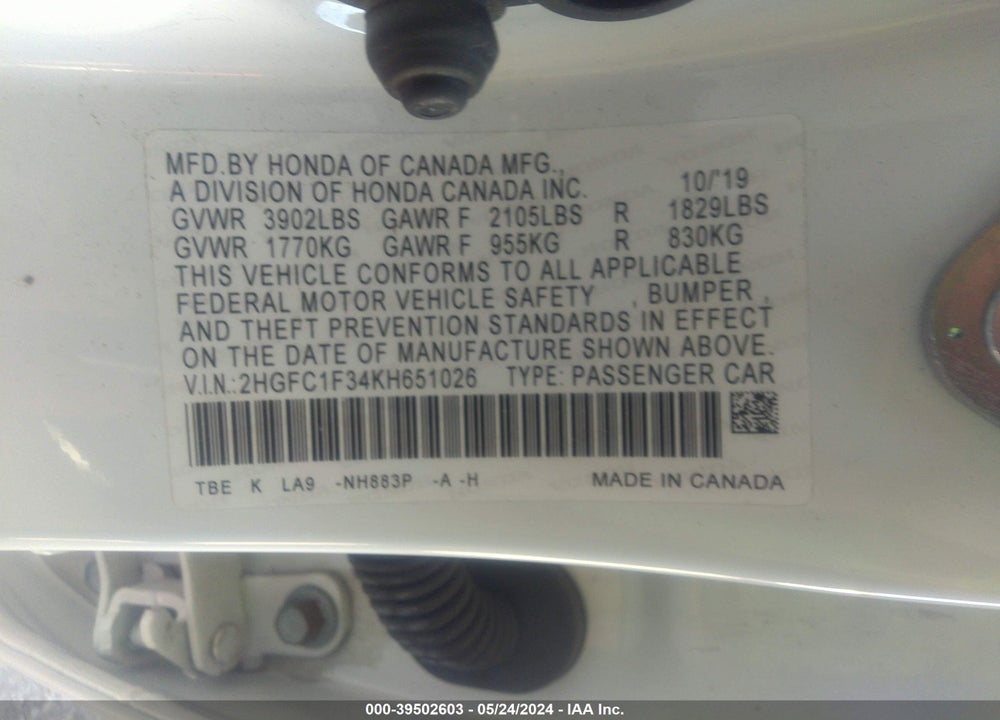 2019 HONDA CIVIC EX VIN: 2HGFC1F34KH651026