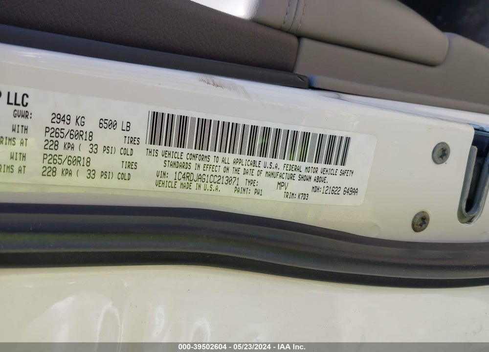 2012 DODGE DURANGO SXT VIN: 1C4RDJAG1CC213071