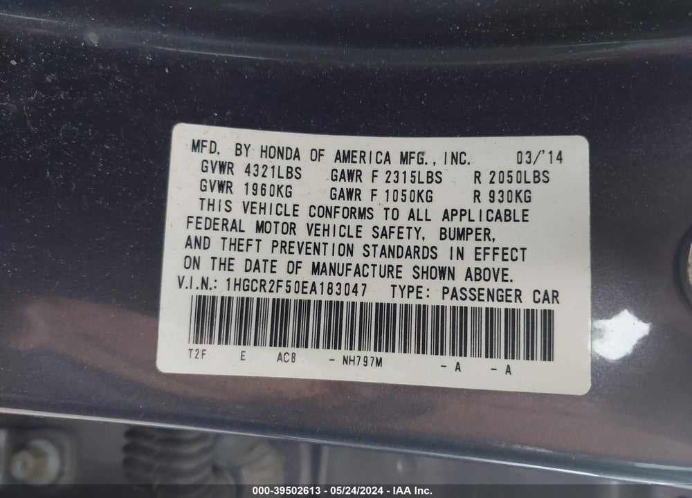 2014 HONDA ACCORD SPORT VIN: 1HGCR2F50EA183047