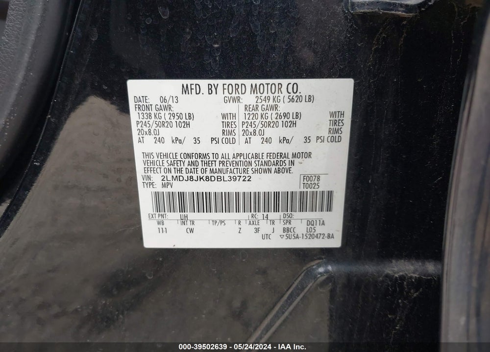 2013 LINCOLN MKX VIN: 2LMDJ8JK8DBL39722