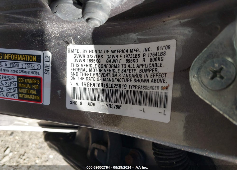 2009 HONDA CIVIC EX VIN: 1HGFA16819L025819