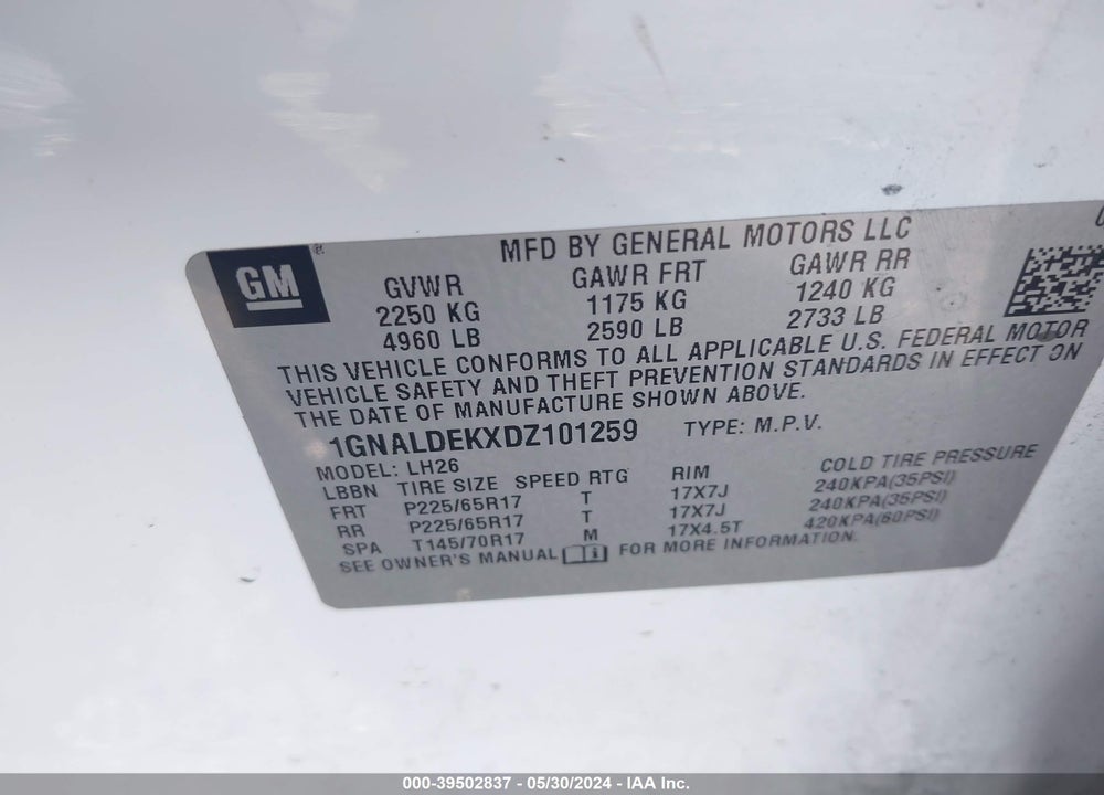 2013 CHEVROLET EQUINOX VIN: 1GNALDEKXDZ101259