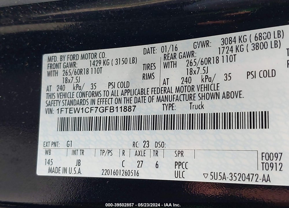 2016 FORD F-150 XLT VIN: 1FTEW1CF7GFB11887