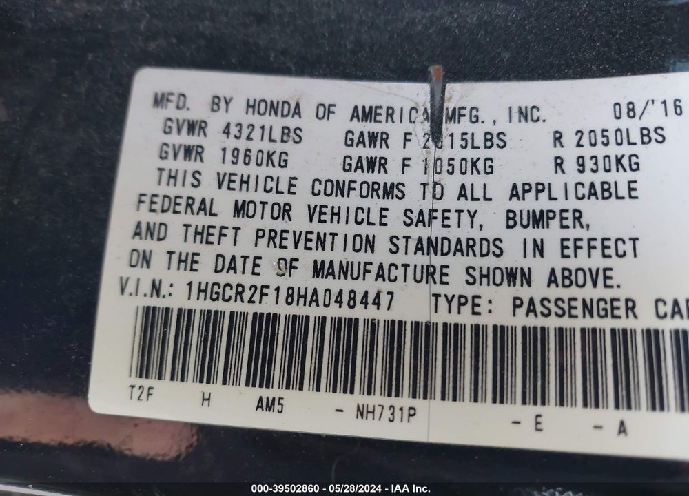 2017 HONDA ACCORD SPORT SE VIN: 1HGCR2F18HA048447