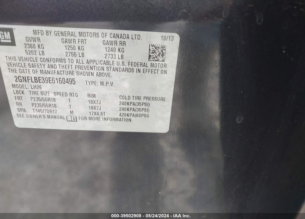 2014 CHEVROLET EQUINOX 1LT VIN: 2GNFLBE39E6160495