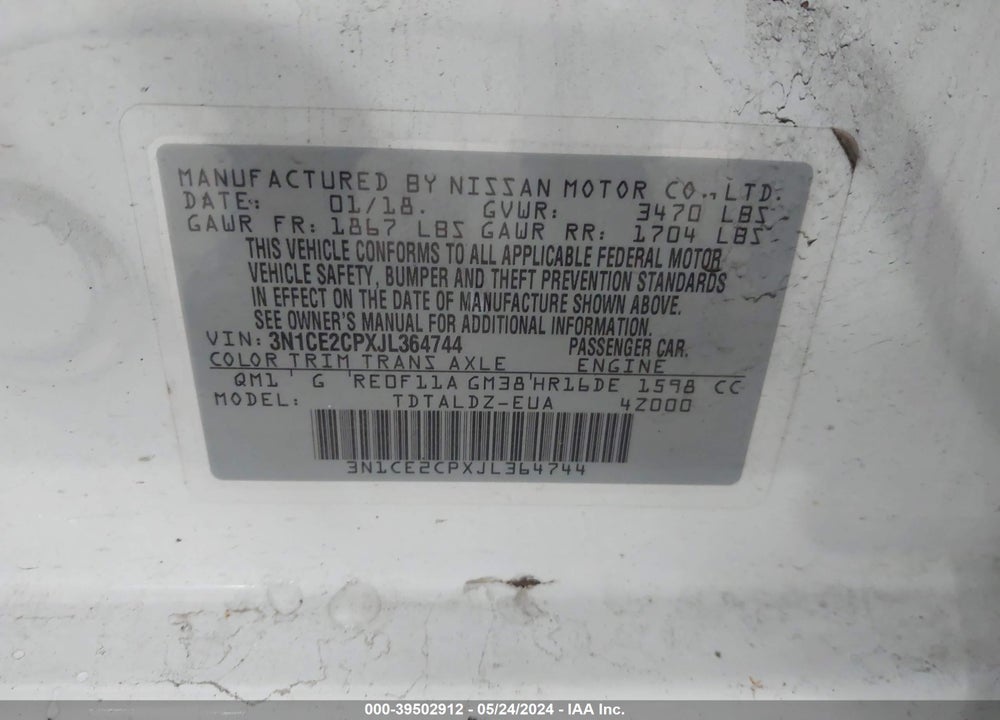 2018 NISSAN VERSA NOTE SV VIN: 3N1CE2CPXJL364744