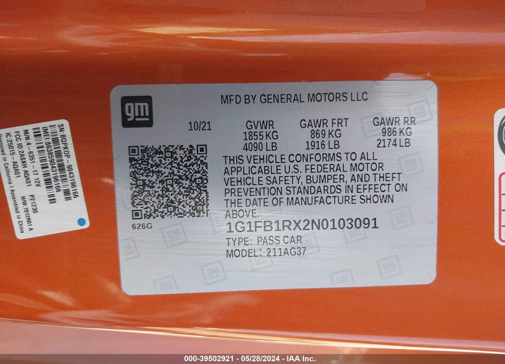 2022 CHEVROLET CAMARO VIN: 1G1FB1RX2N0103091