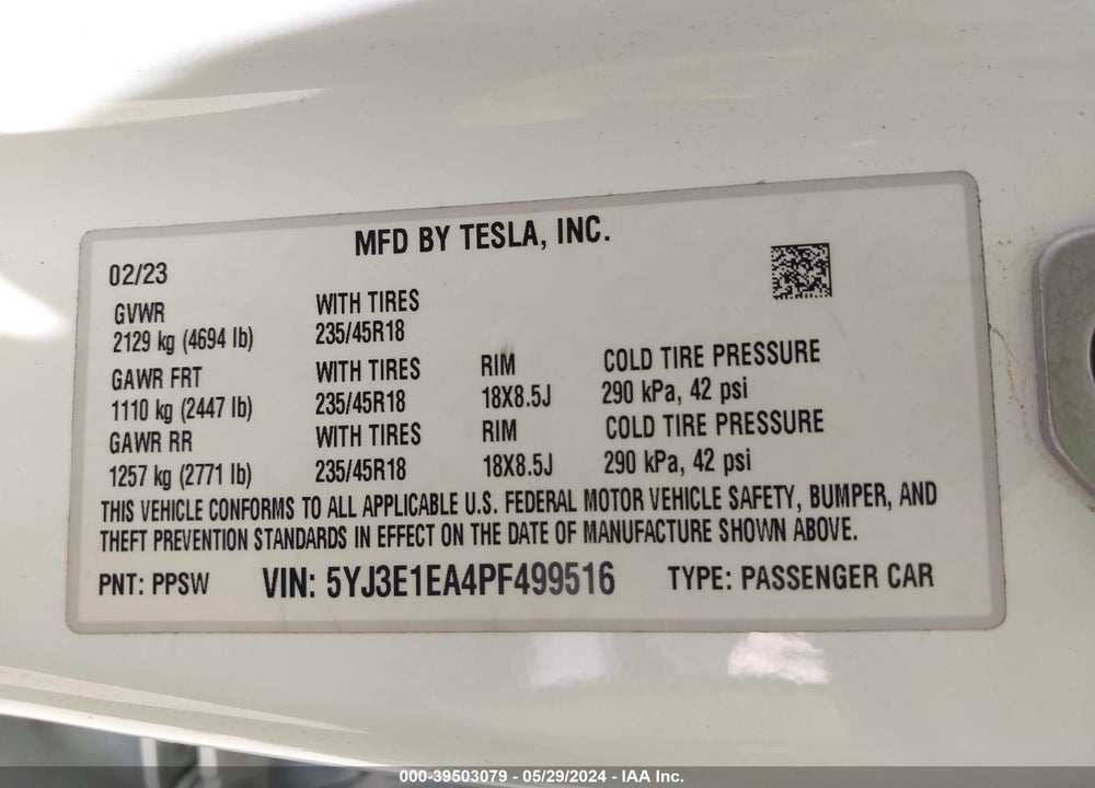 2023 TESLA MODEL 3 REAR-WHEEL DRIVE VIN: 5YJ3E1EA4PF499516