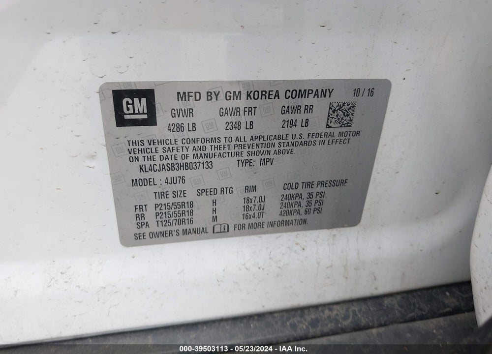 2017 BUICK ENCORE PREFERRED VIN: KL4CJASB3HB037133