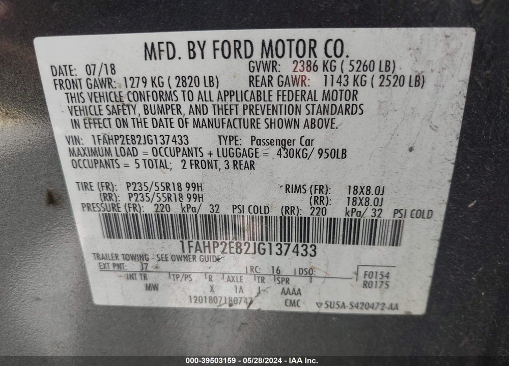 2018 FORD TAURUS SEL VIN: 1FAHP2E82JG137433
