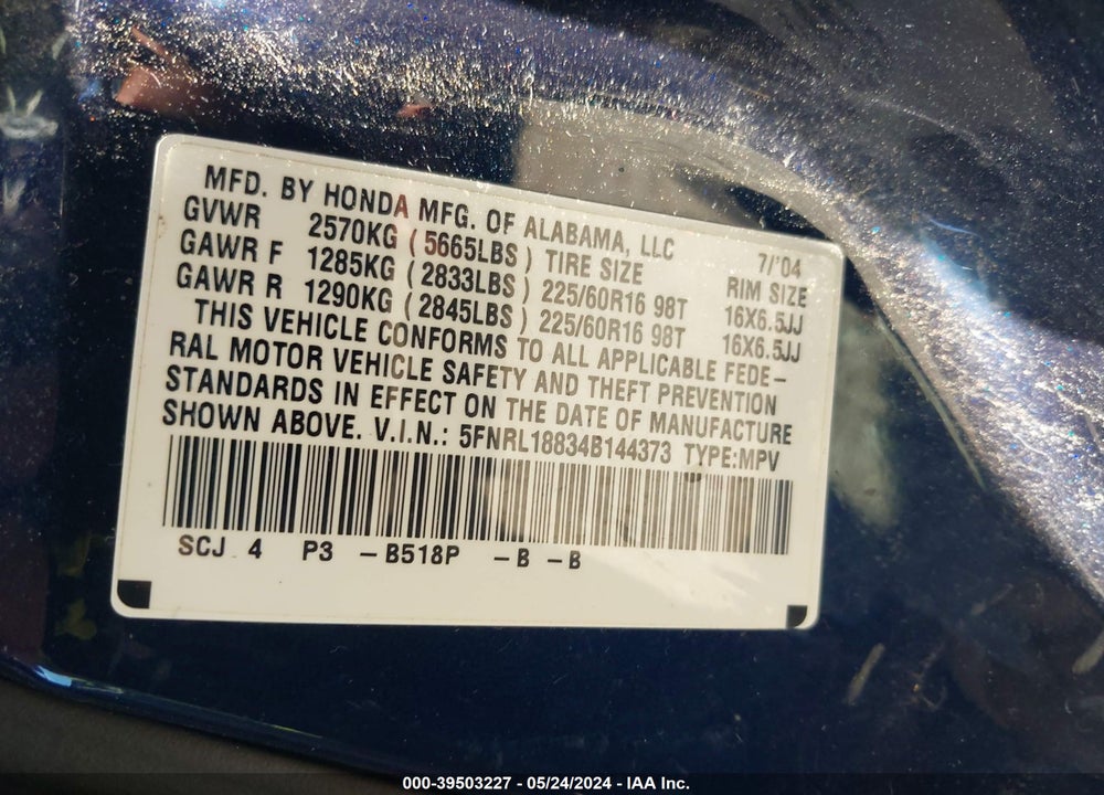 2004 HONDA ODYSSEY EX VIN: 5FNRL18834B144373