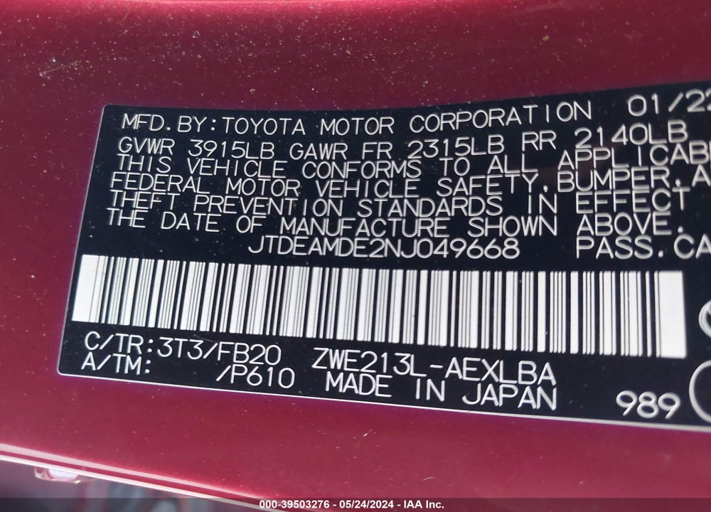 2022 TOYOTA COROLLA HYBRID LE VIN: JTDEAMDE2NJ049668