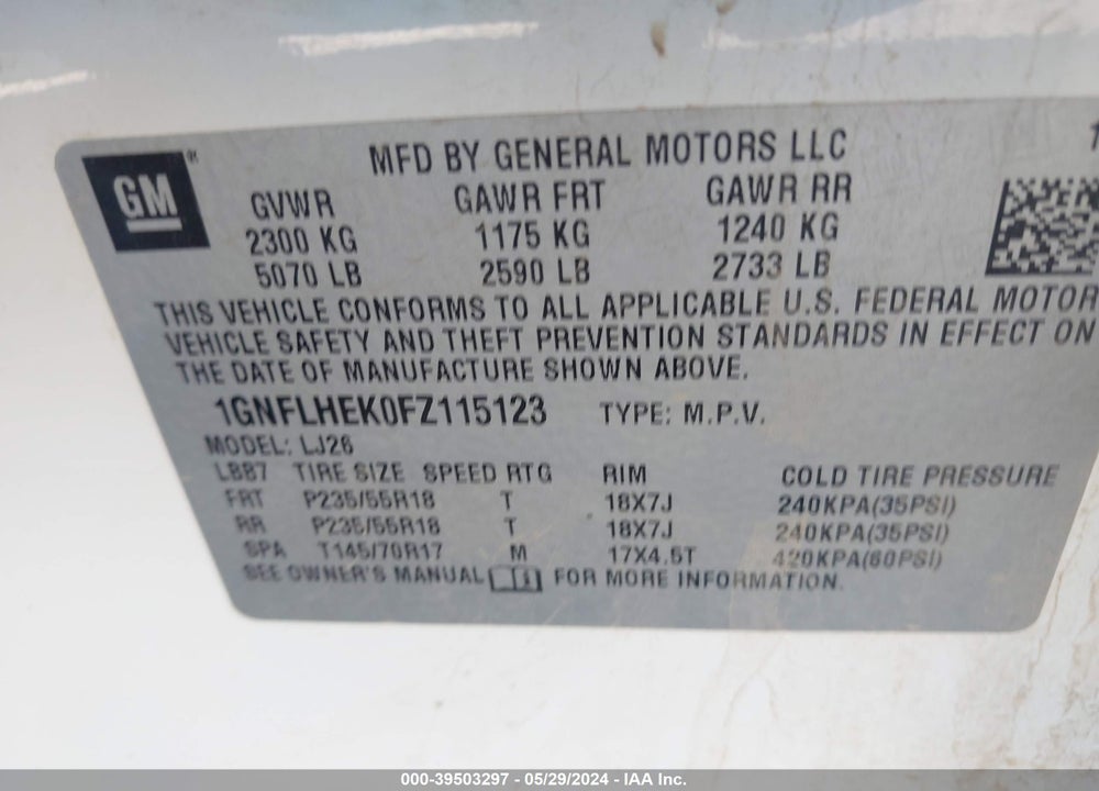 2015 CHEVROLET EQUINOX LTZ VIN: 1GNFLHEK0FZ115123