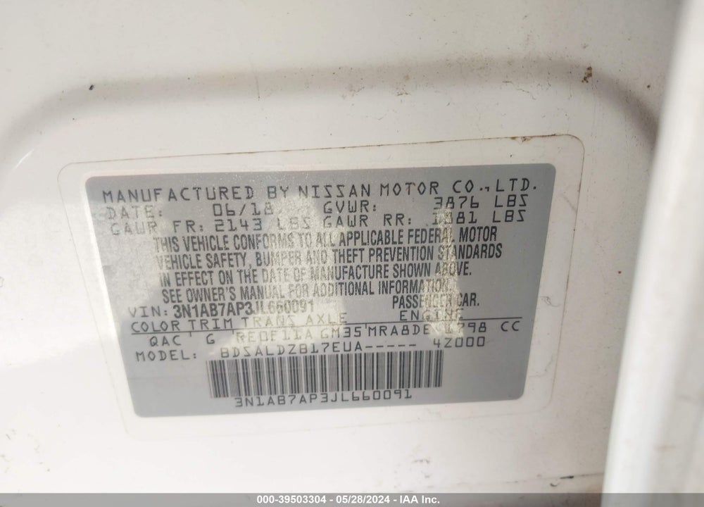2018 NISSAN SENTRA SV VIN: 3N1AB7AP3JL660091