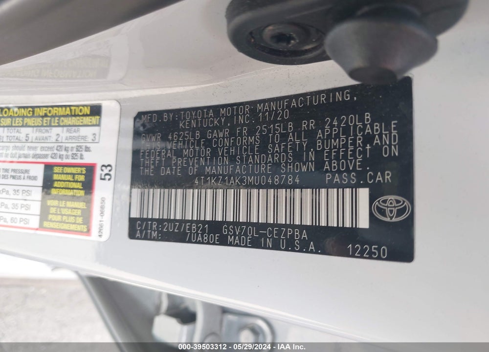 2021 TOYOTA CAMRY TRD VIN: 4T1KZ1AK3MU048784
