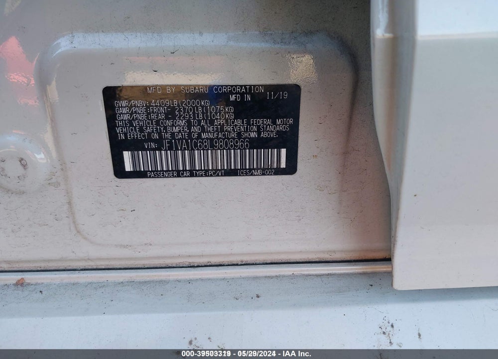 2020 SUBARU WRX VIN: JF1VA1C68L9808966